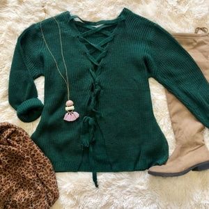 Evergreen lace up back sweater